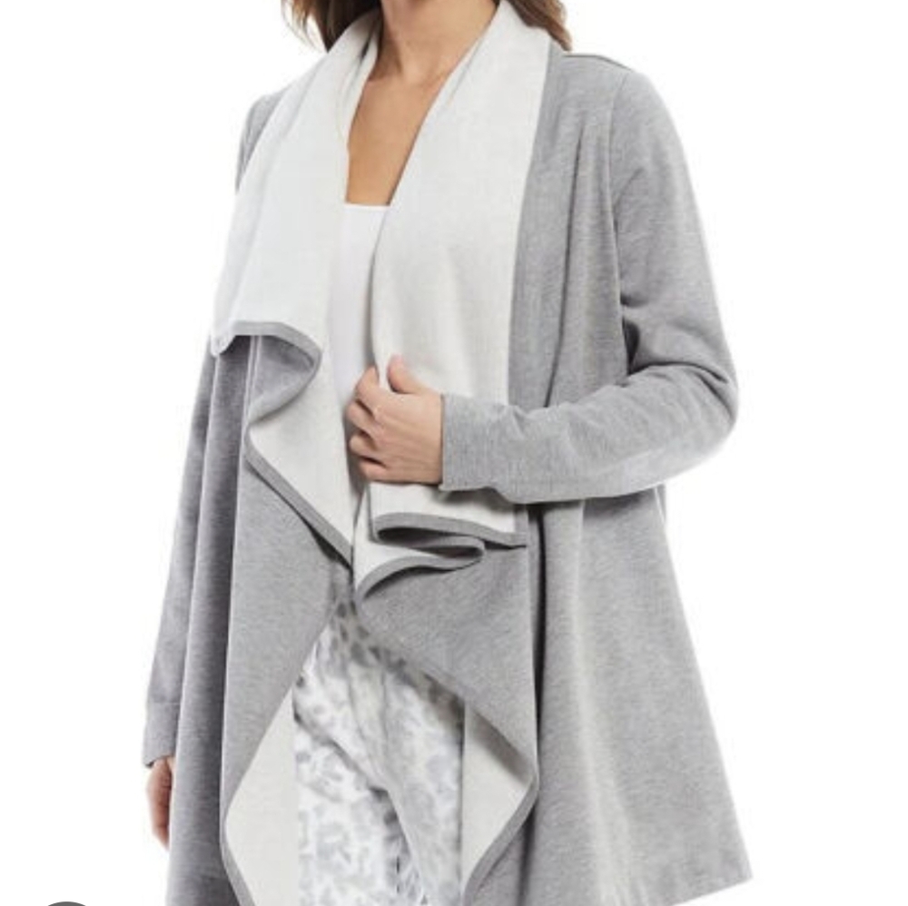 Drew Cozy Fleece cardigan sweater duster grey and white size small Loungewear